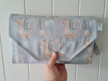 Load image into Gallery viewer, Rainbows &amp; Llamas nappy change mat clutch,  nappy clutch, change mat clutch, Nappy wallet