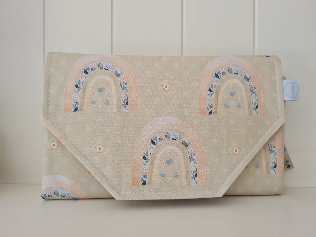 Floral Rainbow on Beige  Nappy change mat clutch STANDARD