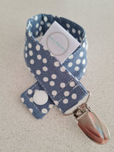 Load image into Gallery viewer, Linen Blue Polkadots Dummy Clip / Pacifier Clip